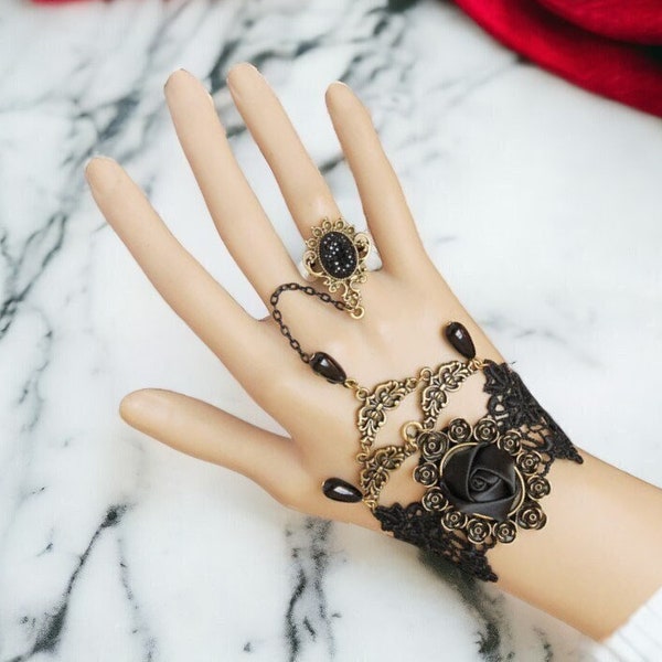 Gothic Black Lace Finger Ring Bracelet, Black Rose Hand Chain Ring Bracelet, Victorian Halloween Bracelet, Gothic Wedding Accessory