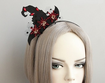 Witch Headband Fascinator, Gothic Rhinestone Floral  Black Lace Headband, Gothic Halloween Costume Party Wedding Headpiece Headwear