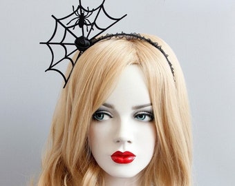 Sombrero de fiesta de disfraces Spider Fascinator Bodas Accesorios Accesorios para el cabello Tocados y minisombreros Diadema de tela de araña Diadema de encaje negro 