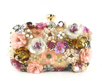Gold Pink Floral Beaded Evening Bag, Blue Sparkly Flower Clutch, Pink Flower Purse, Bridal Wedding Prom Purse