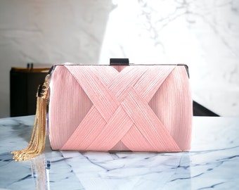 Klassiek roze satijnen chique avondtasje met kwastje, formele clutch, effen feesthandtas, bruidsbruiloft roze tas