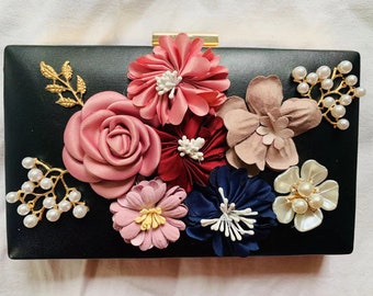 Borsa da sera floreale con perline, pochette con foglie di fiori, borsa da sposa nera da ballo