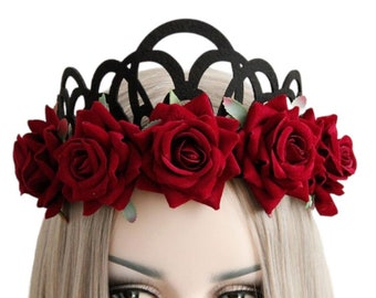 Red Rose Floral Crown, Gothic Princess Tiara Crown, Party Festival Wedding Flower Hairband, Gothic Bohemian Garland Headpiece
