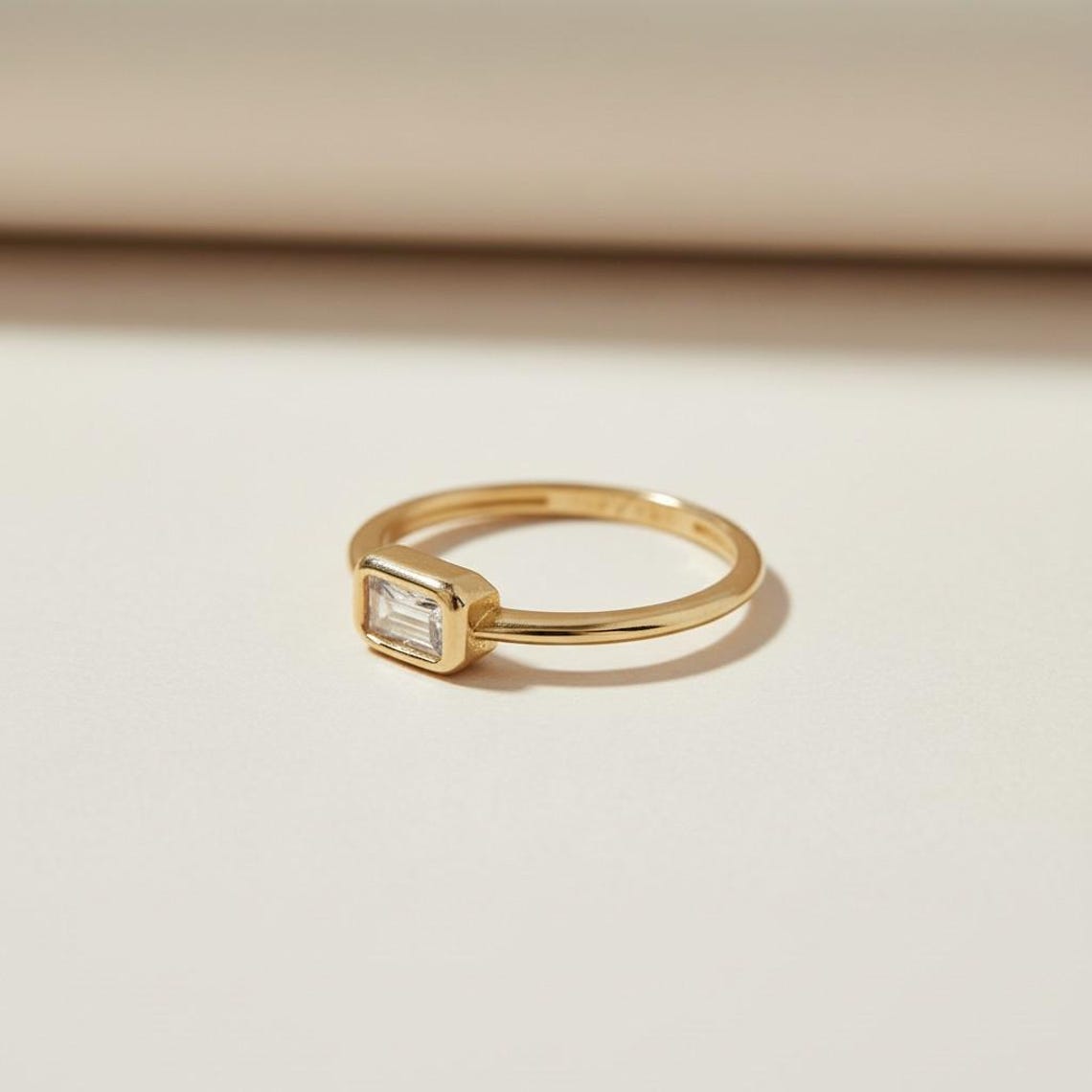 18k Gold Filled Rectangle Solitaire CZ Ring | Minimalist Stacking ...