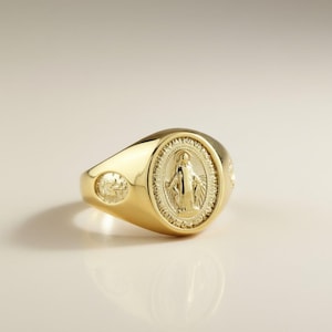 Gold Miraculous Medal Ring: 18K Gold-Filled Religious Signet