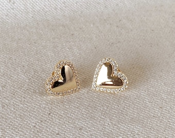 18k Gold Filled Pillow Heart Stud Earrings Cubic Zirconia Stones Around