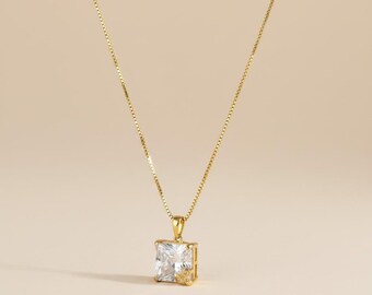 18k Gold Filled Oversized Princess Cut CZ Necklace | Diamond-Like Brilliance