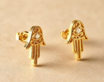 18k Gold Filled Hamsa Stud Earrings | Hollow CZ Design