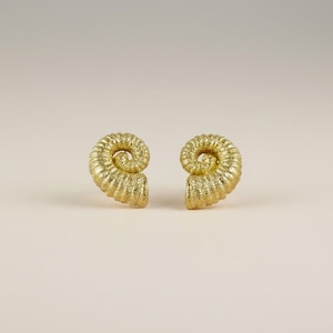 May include: A pair of gold-colored stud earrings. Each earring is shaped like a spiral, with a textured surface. The earrings are displayed against a neutral background, highlighting their intricate design. These earrings are a jewelry accessory.