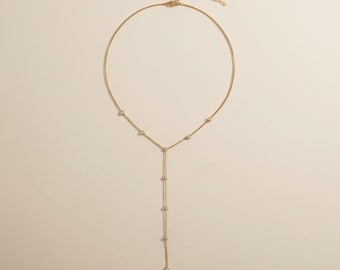 18k Gold Filled CZ Bezel Lariat Necklace — One Line. One Stone. Every Neckline Flattered.