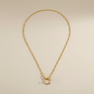 May include: A delicate gold-colored necklace with a simple design. The chain is thin and has small links. The necklace features a circular pendant with a clasp. The jewelry is displayed on a neutral background.