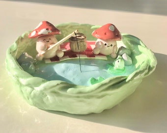 Mushroom Frog Clay Jewelry Dish Cottagecore Fairycore (Hand Made)