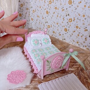 Miniature bed 1:24, doll bed, collectible miniature bed, bed for dolls, wooden doll bed