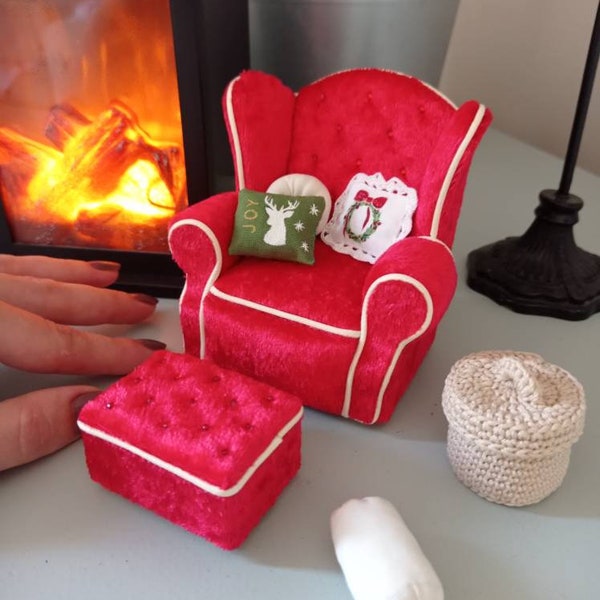 Miniature chair 1:12, doll chair, miniature red velvet chair, Christmas chair, miniature armchair