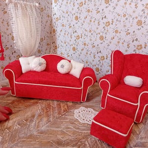 Red velvet miniature sofa, armchair 1:12 scale, dollhouse furniture