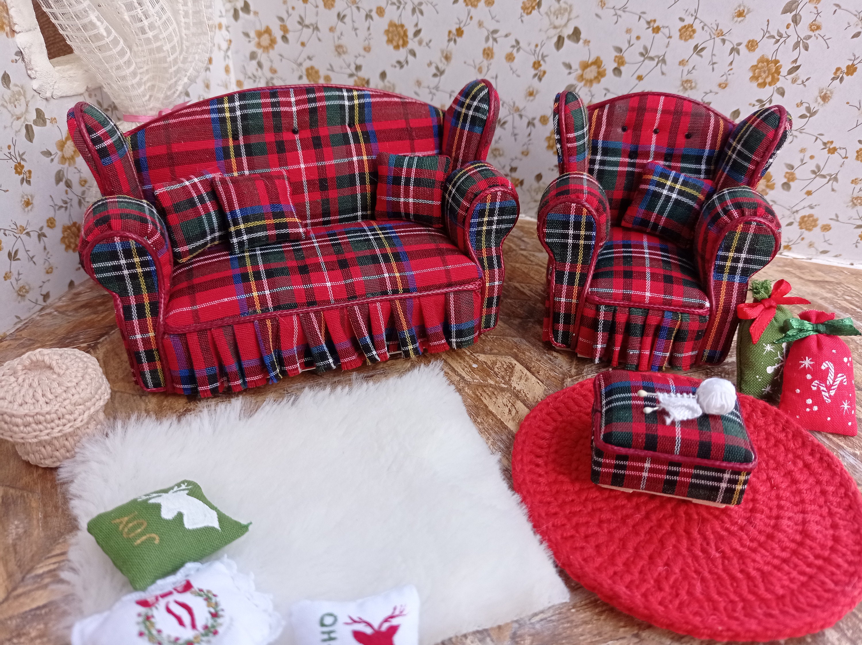 Miniature Sofa Chair | Red Checker Miniature Sofa Chair | Red Checker