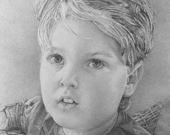 Puede incluir: Un dibujo a lápiz en blanco y negro de un niño pequeño con el pelo corto y despeinado. Está mirando directamente al espectador con una expresión seria. El dibujo está hecho en un estilo realista y captura los rasgos juveniles del niño.