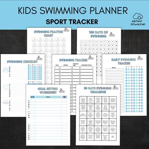 May include: A collection of printable Kids Swimming Planner pages. The pages include a swimming practice chart, a 100 days of swimming tracker, a swimming checklist, a swimming tracker, a daily swimming tracker, a goal setting worksheet, and a 30 days swimming challenge.