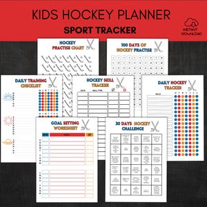 Könnte beinhalten: Eine Sammlung druckbarer Hockey-Planerseiten mit einer roten Überschrift "KIDS HOCKEY PLANNER SPORT TRACKER". Die Seiten enthalten Tabellen für Übungen, Skill-Tracking und Zielsetzung. Das Design integriert Hockeyschläger und farbige Punkte.