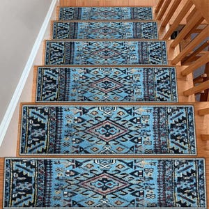 Blue Patterned Vintage Stair Carpet, Scandinavian Stair Treads Carpet, Geometric Stair Runner, Ultra Thin Stair Mat, Non-Slip Washable Rug