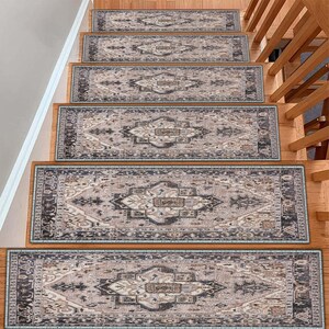 Vintage Boho Washable Stair Tread Rug | Custom Size Non Slip Stair Runner | Soft Farmhouse Rustic Carpet for Indoor Wooden Steps