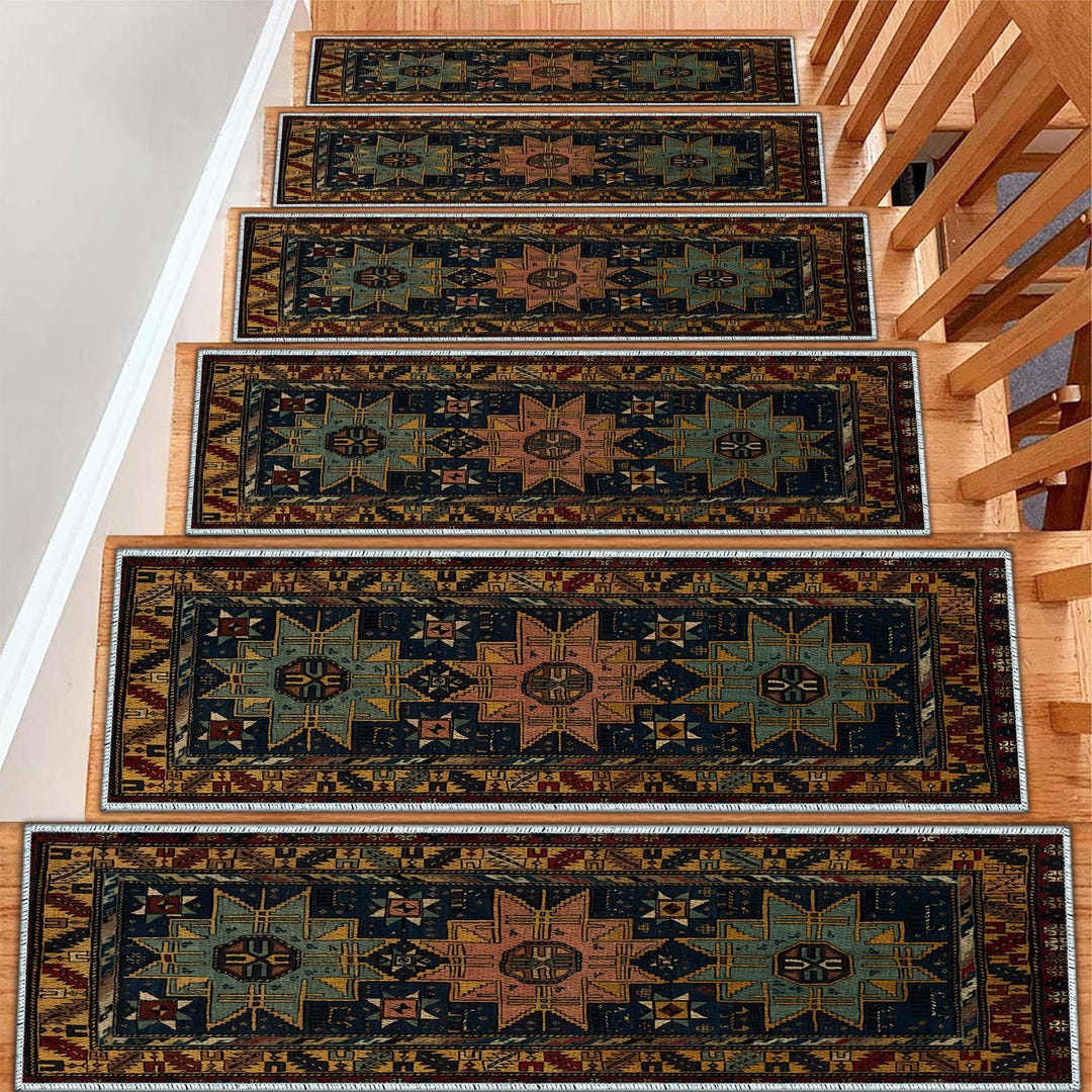 Floral Pattern Stair Rails, Boho Stair Rug, 2x4 Stair Treads, Non-slip ...