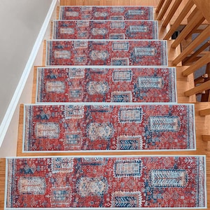 Persian Pattern Stair Rug, Stair Runner Rug, Non-Slip Stair Mat, Striped Stair Treads Carpet, Step Rug, Washable Rug, Easy to Clean Carpet