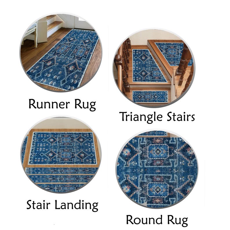 Heritage Stair Treads Carpet, Blue Stair Runner Rug, Scandinavian Stair