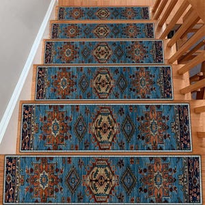 Traditional Stair Treads, Customized Stair Rails, Stair Treads Non Slip,  Stair Treads Set of 13, Moroccan Patttern Rug,Machine Washable Rug
