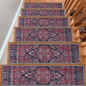 Antique Patterned Stair Carpet, Vintage Stair Treads , Non-Slip Stair Mat, Decorative Step Rug, Washable Runner Rug, Easy to Clean Carpet