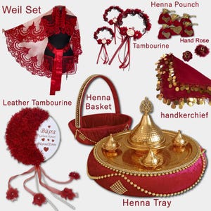 Set completo per la serata all'henné: vassoio per henné da sposa, cestino, tamburello, fazzoletto e accessori