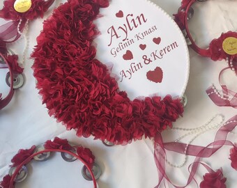 Handmade Bridal Tambourine Set: Turkish Henna Night Wedding Decor,Red Tambourine for bride and bridesmaid
