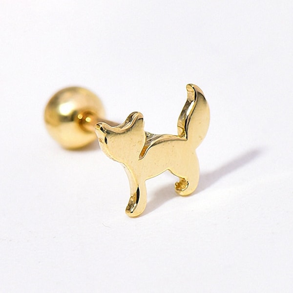 10K Solid Gold Earring Dainty Fox Stud Cat Stud Solid Gold Ball Screw Back Earring Kitten Earring for Women Girl Gift for Her