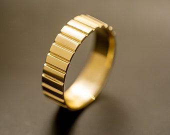 18K Solid Gold Ring Designer Ring 14K Gold Wide Band Ring Gold Bar Patterned Minimalist Ring Engagement Ring for Women Ring for Couple