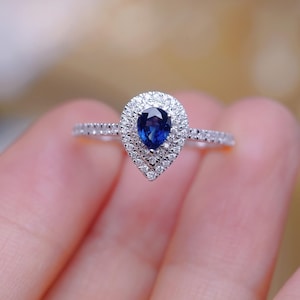 Natürlicher Saphirring Natürlicher Diamantring 18K Solid Goldring Birnenförmiger Saphirring Hochzeitsschmuck Verlobungsring für Frauen Geschenk
