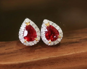 Kolczyki z rubinem i diamentami 18K: wiszące w kształcie gruszki