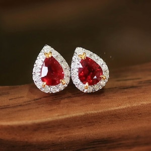 Natural Ruby Earrings Natural Diamond 18K Solid Gold Earrings Natural Stones Earrings Pear Shaped Ruby Diamond Earrings for Women