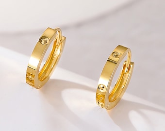 18K Solid Gold Earrings Minimalist Designed Earrings Patterned Earrings Solid Gold Hoop Earrings for Women Earrings for Girls Gift for her