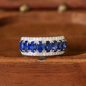 Natural Sapphire Ring Natural Diamond Ring 18K Solid Gold Ring Oval Sapphire Diamond Half Eternity Band Wedding Band Engagement Ring