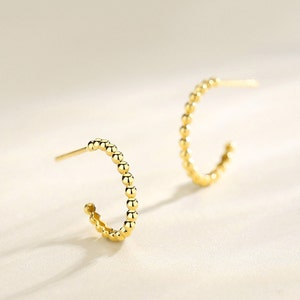 18K Solid Gold Beaded C-Shape Stud Earrings: Minimalist Jewellery