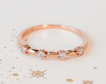 18K Rose Gold Diamond Ring: Floral Stackable Band