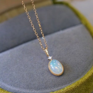 Natural Opal Necklace Diamond 18K Solid Gold Necklace Minimalist Jewellery Oval Opal Diamond Pendant Necklace for Women Gift for Her