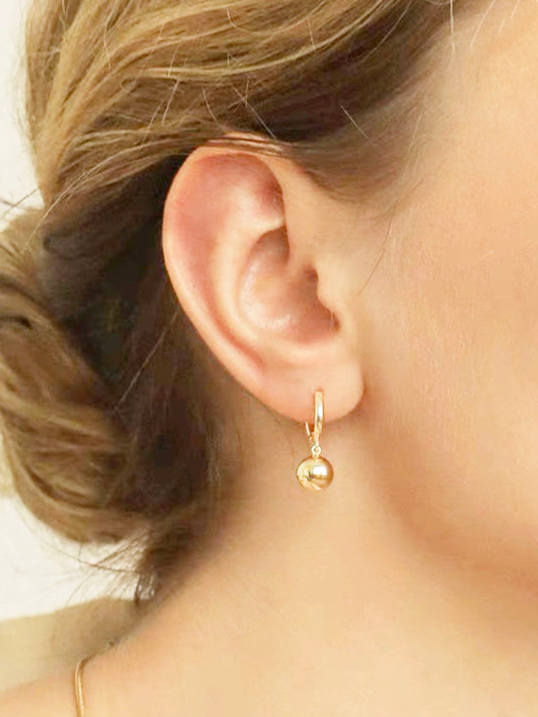 18K Solid Gold Earrings 18K Solid Gold Sphere Earrings Minimalist Jewellery Ball Drop Hoop