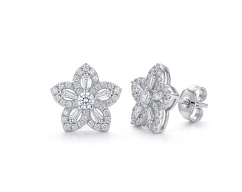 18K Gold Floral Diamond Stud Earrings: Wedding Jewelry