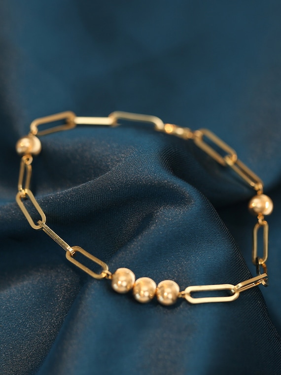 18K Solid Gold Necklace Bracelet Set: Cat Eye Beads, Rectangular Link Chain