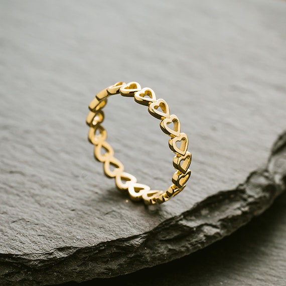 18K Solid Gold Ring Heart Band Ring Hollow Band Ring