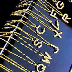 Collar de oro macizo de 18 quilates con colgante de letra inicial y colgante de diamantes, collar personalizado para mujeres y hombres, collar para niñas, regalo para ella
