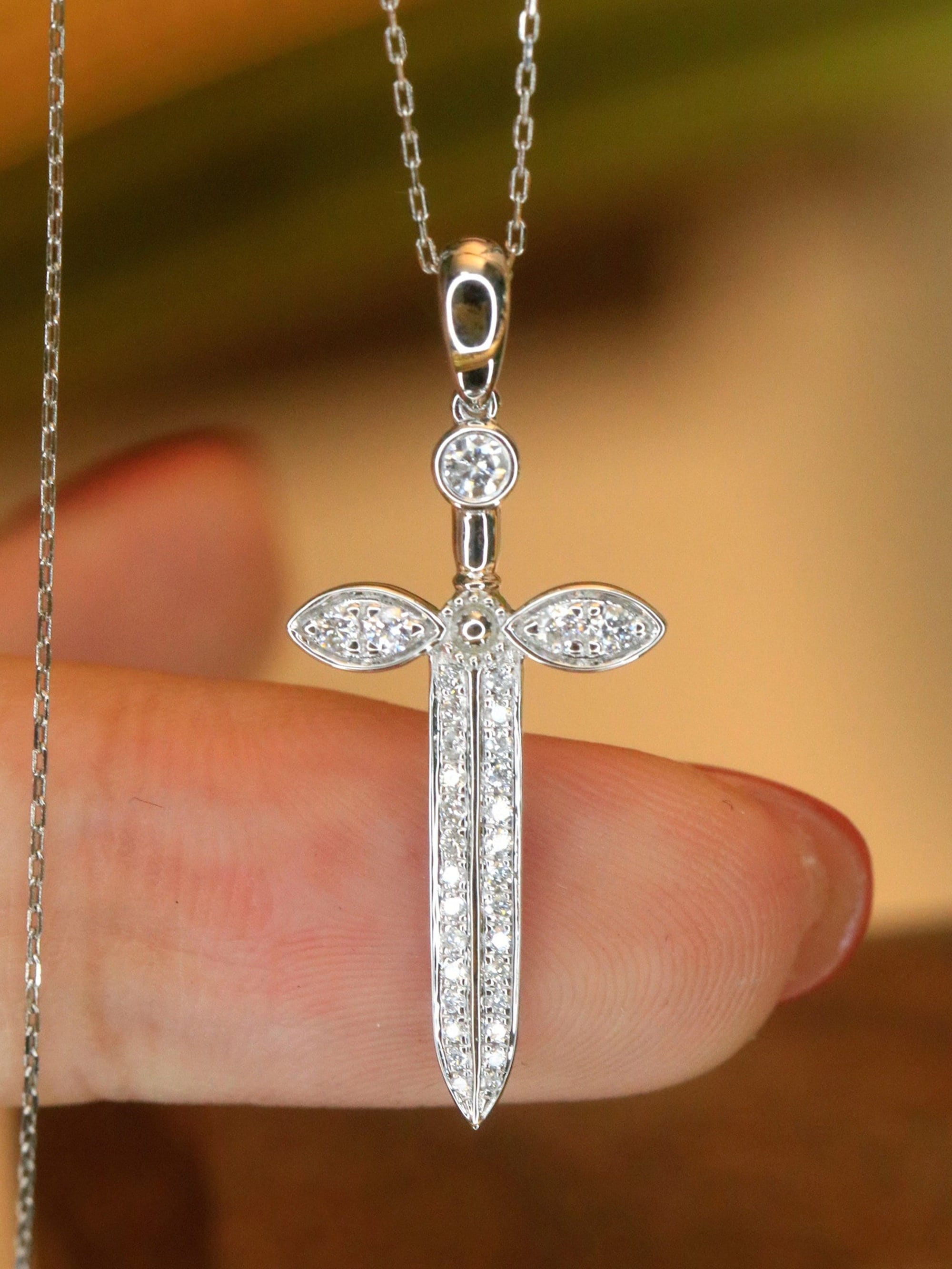 Natural Diamond Pendant 18K Solid White Gold Pendant Diamond Cross Pendant Sword Pendant Necklace for Unisex Women Necklace for Her