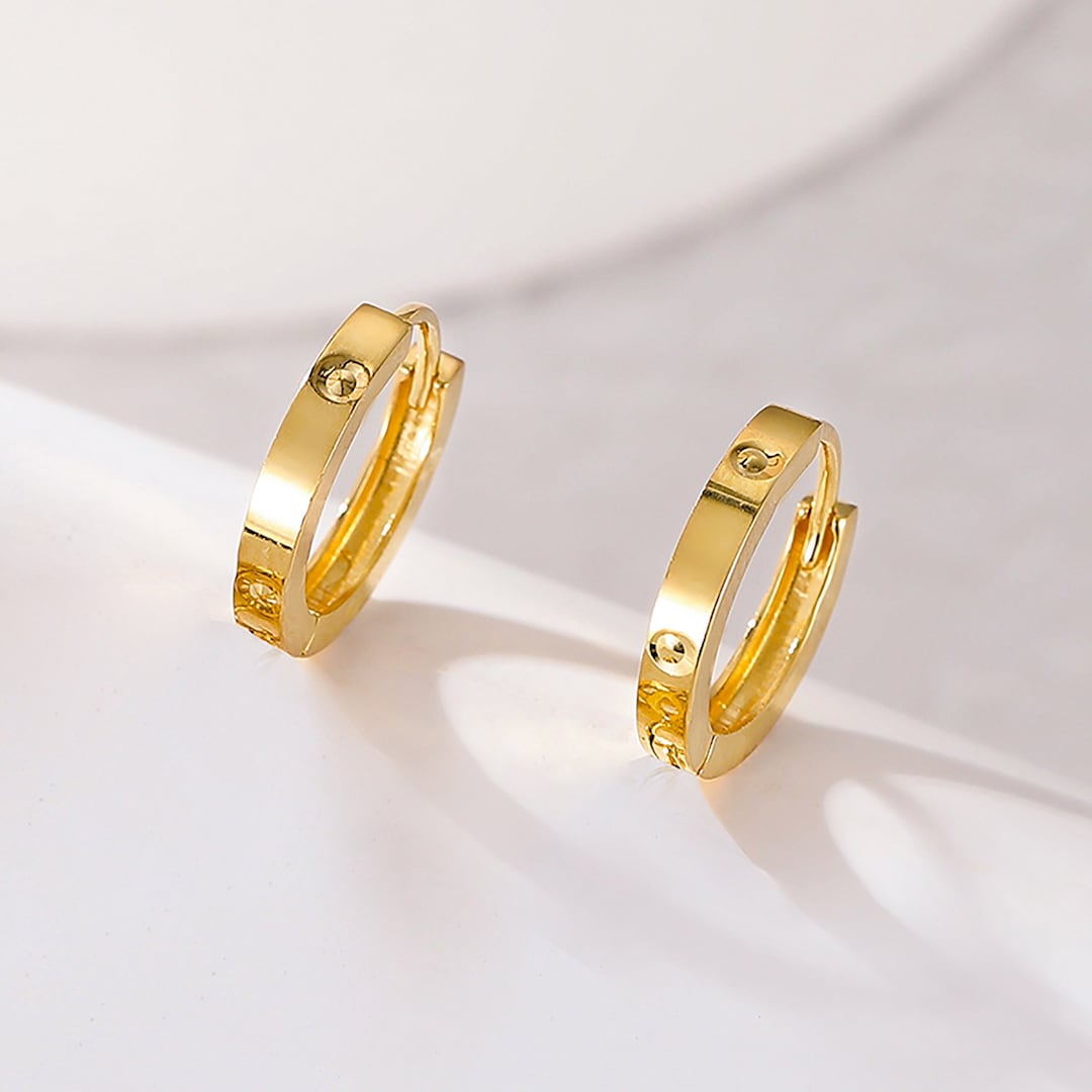 18K Solid Gold Earrings Minimalist Designed Earrings Patterned Earrings Solid Gold Hoop Earrings