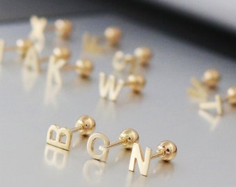 14K Solid Gold Earrings Initial Studs Personalised Earrings Initial Letter Earrings Screw Back Earrings for Unisex (Single Stud)